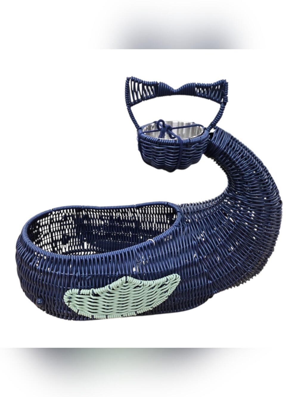 Ciroa Sun Bliss Whale Serving Basket Dark Navy Blue With Handle & Dip Bowl NWT